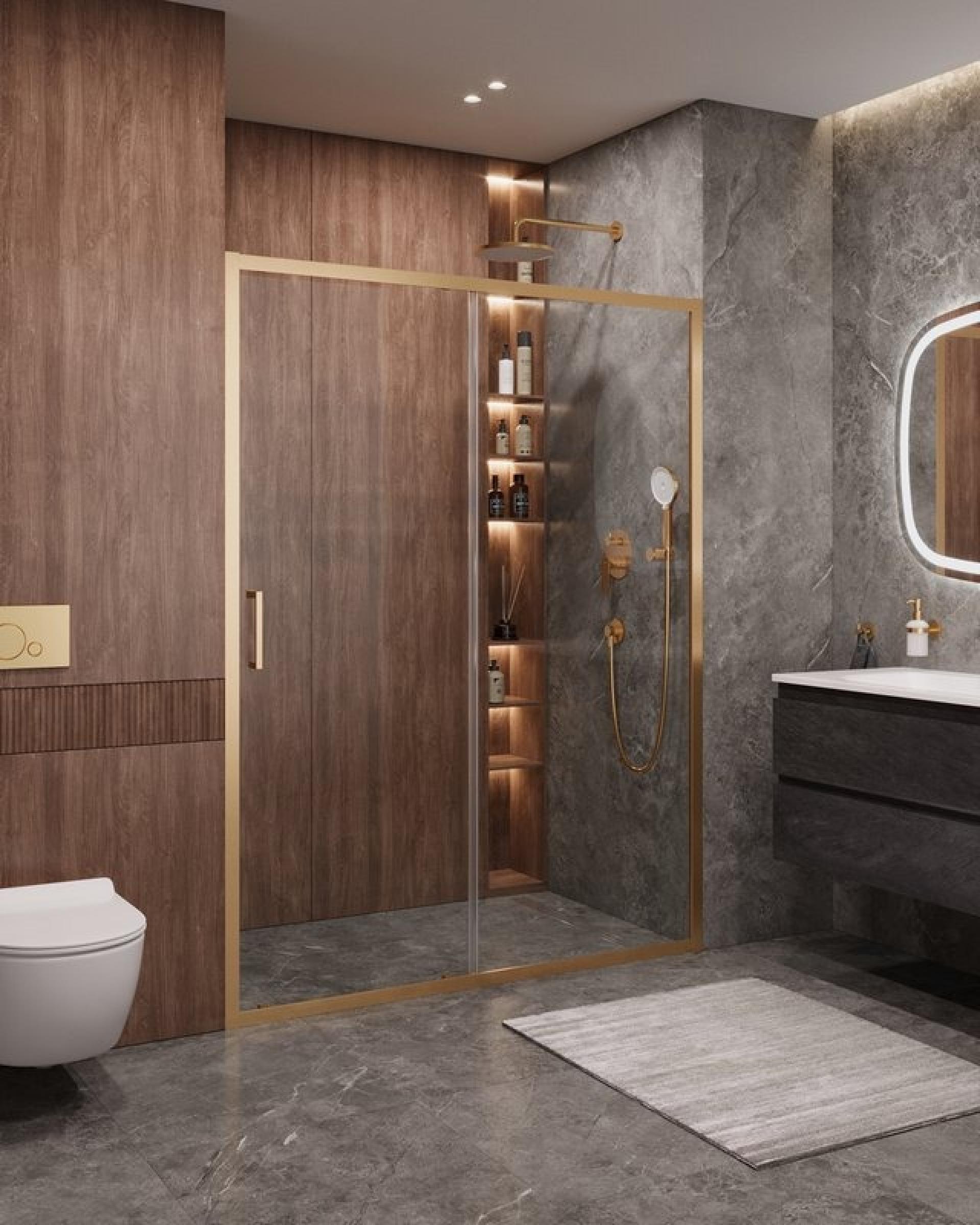 Душевая дверь в нишу Cezares Molveno MOLVENO-BF-1-160-C-BORO-IV профиль брашированное золото, стекло прозрачное